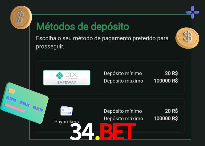 O cassino 34.bet oferece uma grande variedade de métodos de pagamento